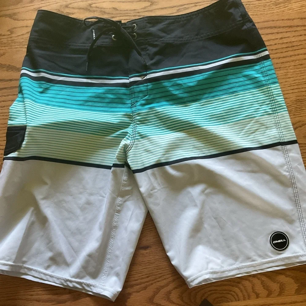 O'Neill Men's Aqua and Black Striped Board Shorts size 32 waist